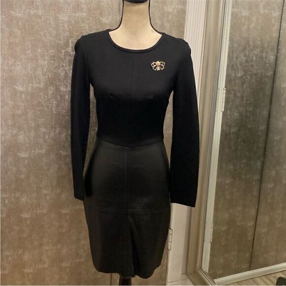 Trina Turk Black Long Sleevegenuine leather detailed Dress, US2